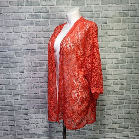 Haptics by Holly Harper Plus Size 1X Neon Coral Lace Cover Up Cardigan Popover - Picture 4 of 8